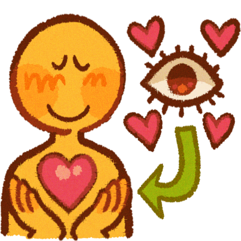 a yellow person holding their heart , next to them there is an eye with hearts around it and a green arrow pointing back to the person , indicating their heart is pretty .